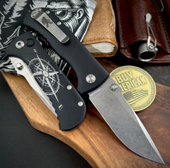Squatchfinder Defiant-7 Talos Button Lock with Magnacut Blade and customized Black Hardcoat Anodized Aluminum Handles