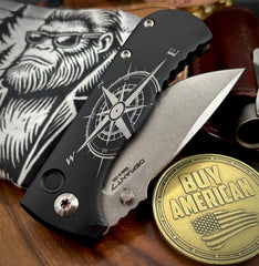 Squatchfinder Defiant-7 Talos Button Lock with Magnacut Blade and customized Black Hardcoat Anodized Aluminum Handles
