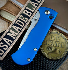 Defiant-7 Talos Button Lock with Magnacut Blade and Blue Hardcoat Anodized Aluminum Handles