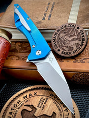 Koenig Mini Goblin Brightwash M390 Blade with Polished Flats Blue Anodized Ti Handles, Satin Ti Hardware, Stonewashed Back Spacer and Pocket Clip