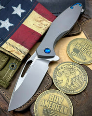 Koenig Arius Flipper Corda Ti Burnished Blade with Polished Flats Blue Ti Hardware M390 AR11511221 - USA MB