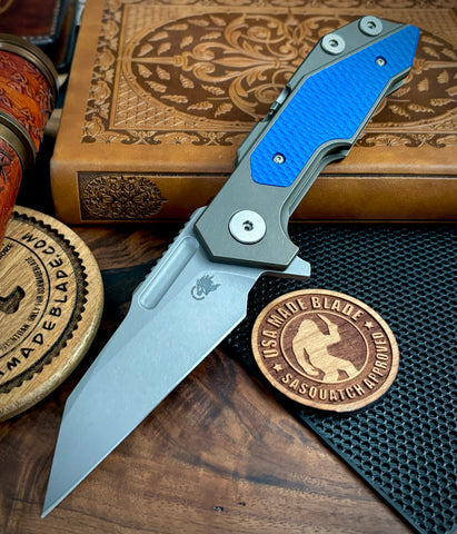 Hinderer Full Track Wharncliffe Battle Bronze Ti with Blue G10 and Working Finish S45VN Blade - USA MB