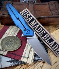 Carolina Blue Spartan Blades Pandia Full Ti Flipper with Magnacut Blade and Blue Ti Hardware