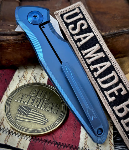 Carolina Blue Spartan Blades Pandia Full Ti Flipper with Magnacut Blade and Blue Ti Hardware