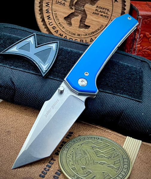 Bober Blades 5th Element heavy liner lock with Blue G10, Ti Liners, and Magnacut Blade
