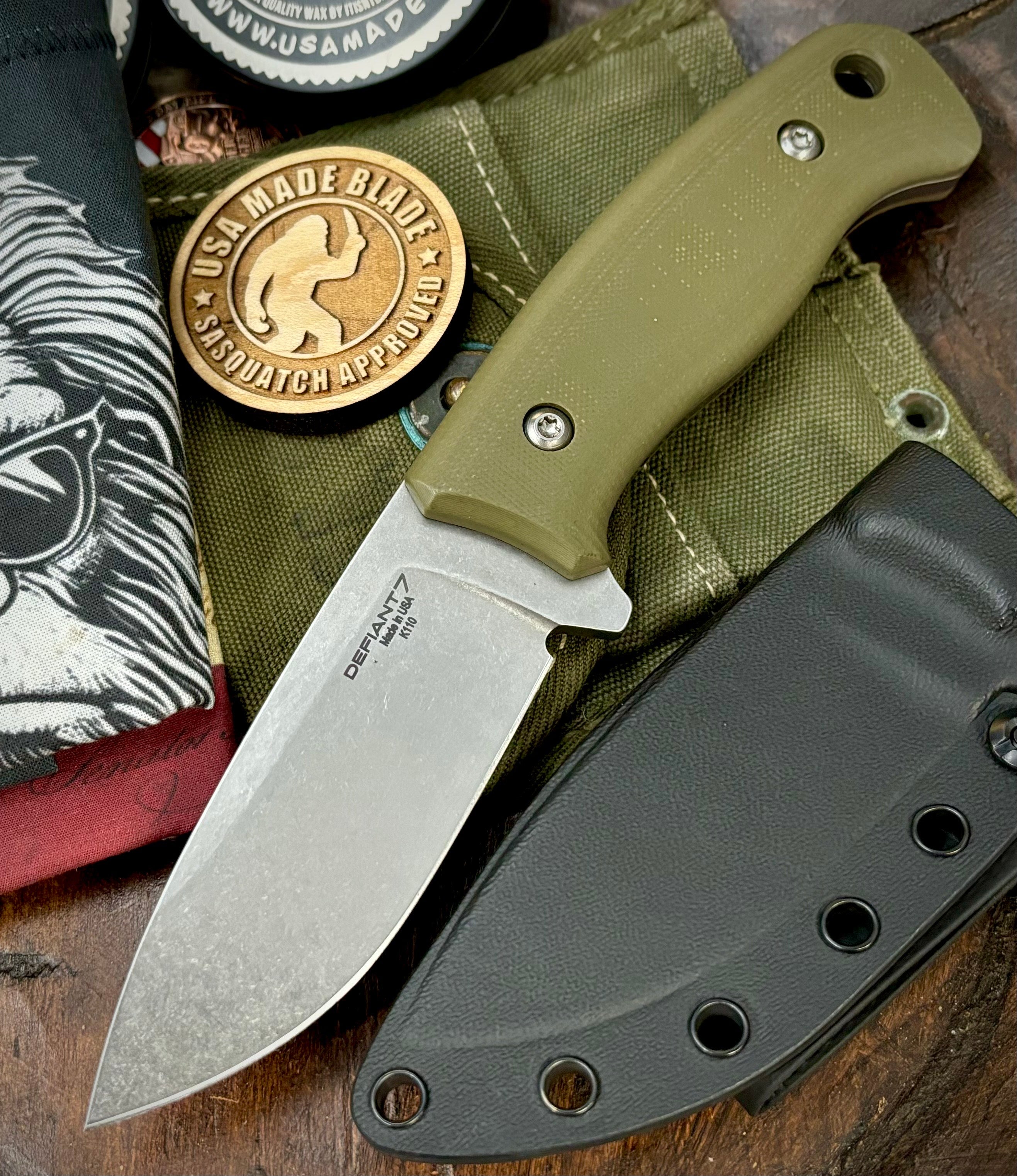 Defiant-7 Bullie with Bohler K110 Steel and OD Green G10 Handles - USA MB