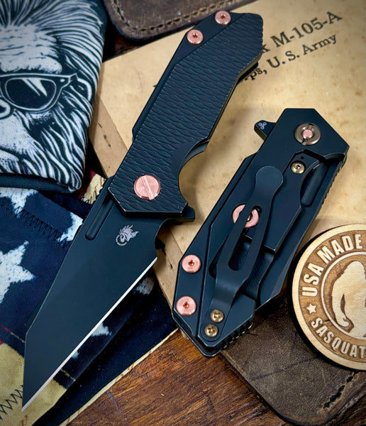Wharnie Hinderer Half Track Gen 2 Full Ti Battle Black Handles with Battle Black Magnacut Blade Copper and Bronzed Out HW