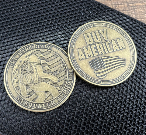 Antique Brass Sasquatch Approved Buy American Challenge Coin - USA MB