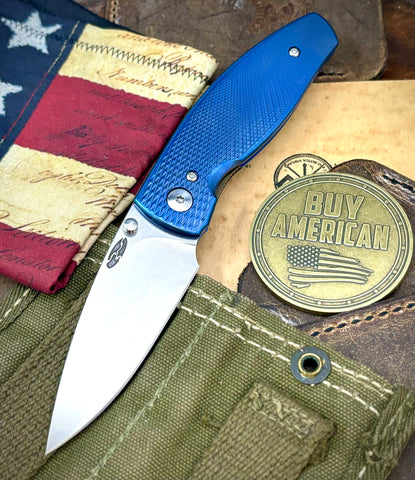 Carolina Blue TRM Neutron 2 Liner Lock with 3D Lizard Skin Titanium and Magnacut Steel Bronze Liners and Pocket Clip - USA MB