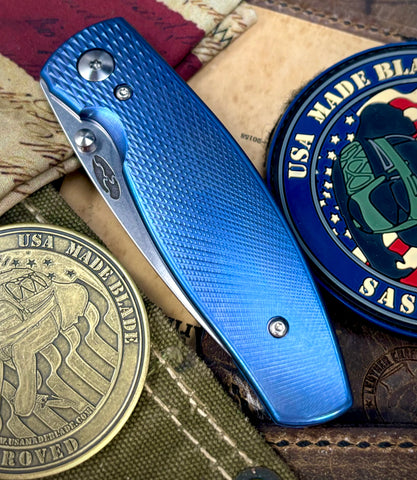 Carolina Blue TRM Neutron 2 Liner Lock with 3D Lizard Skin Titanium and Magnacut Steel Bronze Liners and Pocket Clip - USA MB