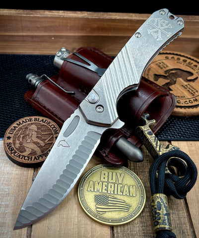 Freeman 451 Button Lock Flipper Chi Rho Stonewashed Ti Magnacut Blade 2.0
