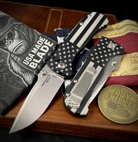 Stars & Stripes Traditional Flag Defiant-7 Talos Button Lock with Magnacut Blade and Black Hardcoat Anodized Aluminum Handles