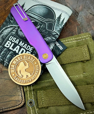 High Res Deep Purple Anodized Rockwall Flipper with Stonewashed Magnacut Blade Countoured Ti Handles with Bronze Ti Hardware from Tactile Knife Co.