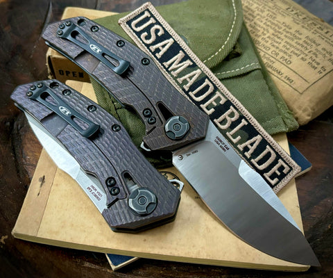 ZT0308CF Battled Dark Purple/Bronze Anodized Ti Factory Special Series Satin Ground M390 Blade, Carbon Fiber Scale