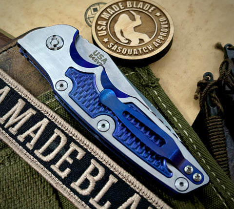 Customized Hinderer Eklipse 3.5" Auto Spearpoint Blue with Polished Flats Ti Stonewashed S45VN Blade