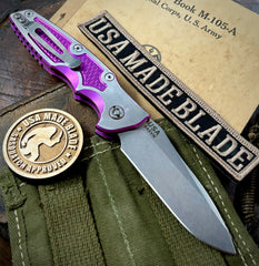 Customized Hinderer Eklipse 3.5" Auto Spearpoint High Res Purple with Polished Flats Ti Stonewashed S45VN Blade