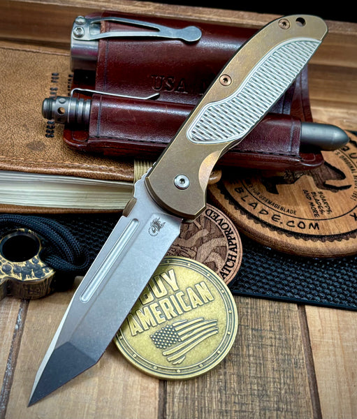 Hinderer Firetac Tanto Two Tone Bronze Full Ti and Stonewashed 20CV Blade with Bronze Ti Hardware