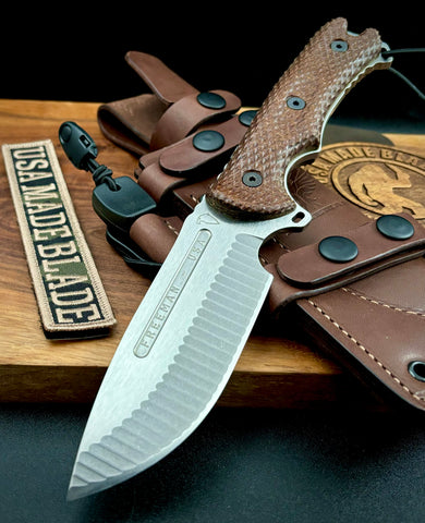 Freeman 5" 451 Fixed Blade with Magnacut Steel Stonewashed Blade with Brown Burlap Micarta and Custom Leather Sheath - USA MB