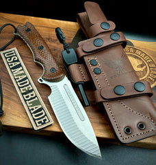 Freeman 5" 451 Fixed Blade with Magnacut Steel Stonewashed Blade with Brown Burlap Micarta and Custom Leather Sheath