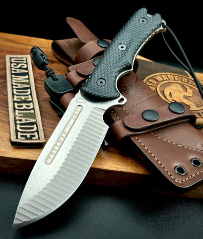 Freeman 5" 451 Fixed Blade with Magnacut Steel Stonewashed Blade with Black G10 and Custom Leather Sheath