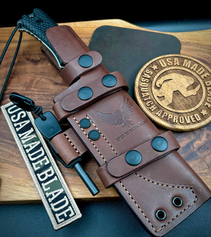 Freeman 5" 451 Fixed Blade with Magnacut Steel Stonewashed Blade with Brown Burlap Micarta and Custom Leather Sheath - USA MB