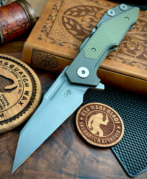 Hinderer Full Track Wharncliffe Battle Bronze Ti with OD Green G10 and Working Finish S45VN Blade