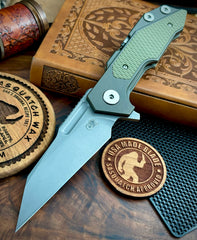 Hinderer Full Track Wharncliffe Battle Bronze Ti with OD Green G10 and Working Finish S45VN Blade - USA MB
