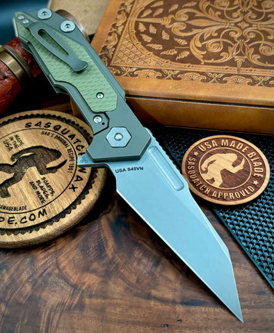 Hinderer Full Track Wharncliffe Battle Bronze Ti with OD Green G10 and Working Finish S45VN Blade