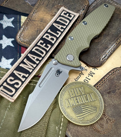 Hinderer Eklipse 3.5" Skinny Fullered Harpoon Spearpoint OD Green G10 Working Finish Ti Working Finish Magnacut Blade - USA MB