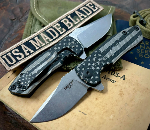 Full Battled Stars & Stripes Les George ESV Flipper Black DLC Morph Ti & S45VN Blade EXCLUSIVE