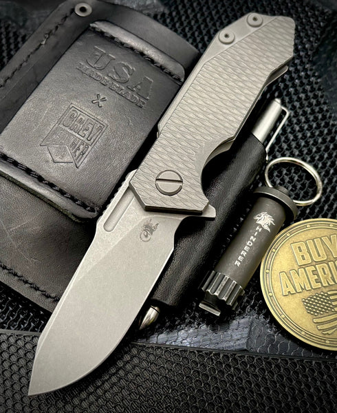 Hinderer Half Track Slicer Gen 2  Working Finish Textured Ti  Presentation Side, Smooth Lock Side, and Working Finish Magnacut Blade with Working Finish Hardware