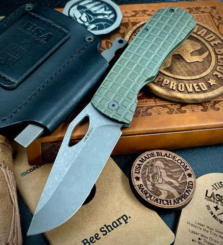 McNees Knives Dixon Full Ti Atomic Green and Bronze Frag Ti with 3.75" Magnacut Blade and Stonewashed Hardware - USA MB