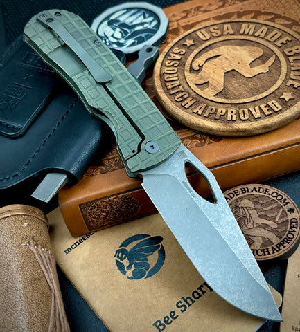 McNees Knives Dixon Full Ti Atomic Green and Bronze Frag Ti with 3.75" Magnacut Blade and Stonewashed Hardware - USA MB