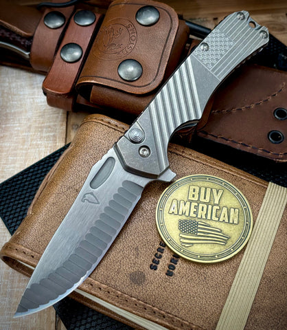 Freeman 451 Button Lock Flipper Stonewashed Ti Stars & Stripes Magnacut Blade 2.0