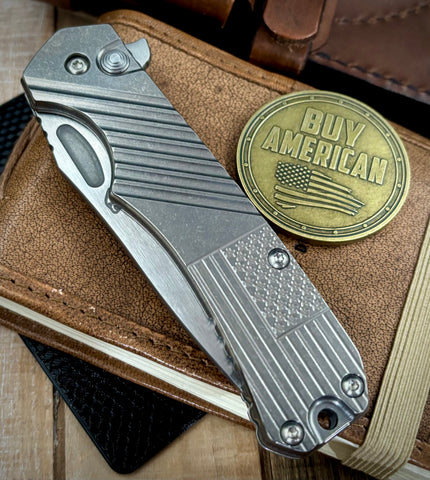Freeman 451 Button Lock Flipper Stonewashed Ti Stars & Stripes Magnacut Blade 2.0