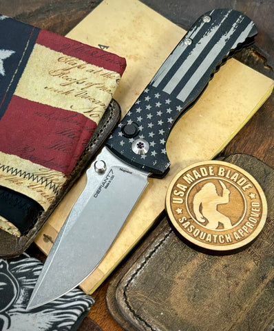 Battle Stars & Stripes Distressed Flag Defiant-7 Talos Button Lock with Magnacut Blade and Black Hardcoat Anodized Aluminum Handles - USA MB