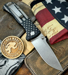 Battle Stars & Stripes Distressed Flag Defiant-7 Talos Button Lock with Magnacut Blade and Black Hardcoat Anodized Aluminum Handles - USA MB