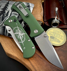 Squatchfinder Defiant-7 Talos Button Lock with Magnacut Blade and customized Green Hardcoat Anodized Aluminum Handles