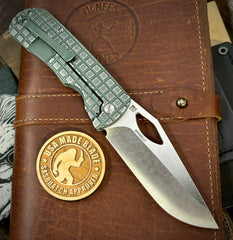 Worn In Flats McNees Knives Dixon Full Ti  Worn Flats Ammo Can Green Frag Ti with 3.75" Magnacut Satin Stonewashed Blade and Satin Hardware - USA MB