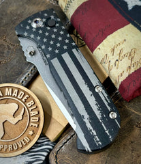 Battle Stars & Stripes Distressed Flag Defiant-7 Talos Button Lock with Magnacut Blade and Black Hardcoat Anodized Aluminum Handles - USA MB