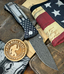 Battle Stars & Stripes Distressed Flag Defiant-7 Talos Button Lock with Black Boomerang Stainless Chad Nichols Damascus Blade and Black Hardcoat Anodized Aluminum Handles - USA MB