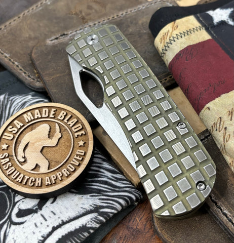 Worn In Flats McNees Knives Dixon Full Ti  Worn Flats Atomic Green/Bronze Frag Ti with 3.75" Magnacut Satin Stonewashed Blade and Satin Hardware