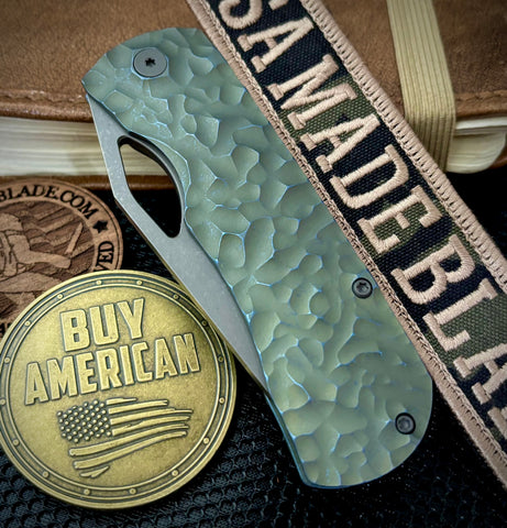 McNees Knives Little Dixon Atomic Green/Blue Rock Mill Ti with 3.25" Magnacut Stonewashed Blade and Stonewashed Ti Hardware