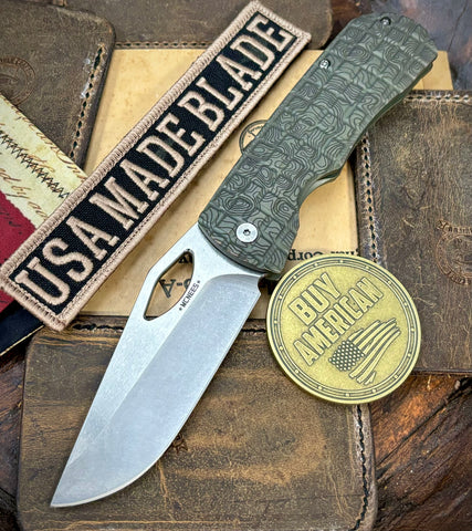 Topo Atomic Green/Bronze McNees Knives Dixon Full Ti Frag Ti with 3.75" Magnacut Satin Stonewashed Blade and Satin Hardware - USA MB