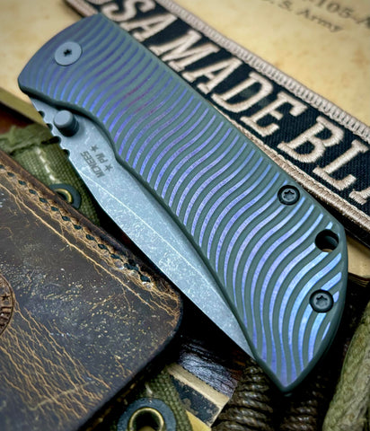 Swerve Pattern McNees Knives Mac-2 3.5" Atomic Two Tone Green and Purple Ti Stonewashed Magnacut Blade (Gen 2)