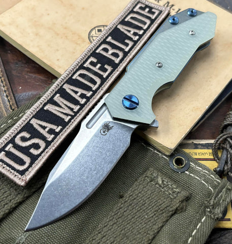 Hinderer Special Finish Bowie Half Track Gen 2 Translucent Green G10 High Res Gold Ti  and Stonewashed S45VN Blade with Blue Ti Hardware