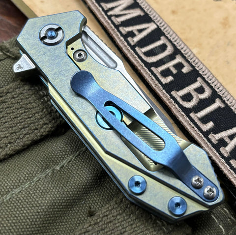 Hinderer Special Finish Bowie Half Track Gen 2 Translucent Green G10 High Res Gold Ti  and Stonewashed S45VN Blade with Blue Ti Hardware