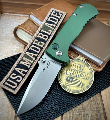 Defiant-7 Talos Button Lock with Magnacut Blade and Green Hardcoat Anodized Aluminum Handles