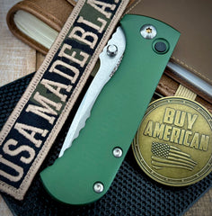 Defiant-7 Talos Button Lock with Magnacut Blade and Green Hardcoat Anodized Aluminum Handles