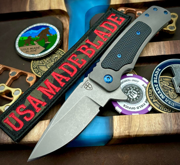 Chelette Custom Knives Gur Full Ti S30V Black G10 Inlay Ti Hardware Blue BackSpacer/Clip